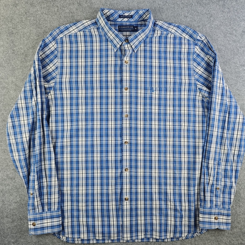 Fish Hippie Solace Collection Shirt Mens XL Blue Plaid Long Sleeve Stretch